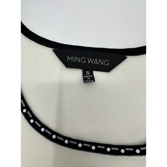 MING WANG Creamy White Tank Top Size Small Knit Black Collar Polka Dots Ivory - Picture 4 of 5